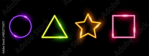 Glowing geometric shapes set with circle, triangle, star and square in bright neon colors on black background, modern abstract design for posters, banners, apps and digital projects