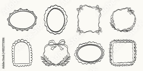 Set of whimsical rectangle, oval and round hand-drawn frames in trendy, vintage styles. Cute frames suitable for labels, logos, invitations, packaging and stickers