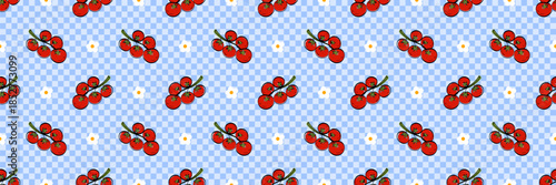 Seamless Mediterranean pattern with ripe cherry tomatoes and small white flowers on a blue checkered background. Fresh repeating design for kitchen textiles, packaging, tableware and food branding