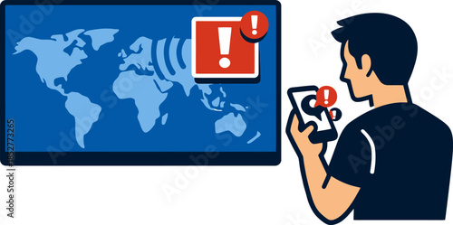 Flat Vector Illustration of Global Breaking News Alert on Smartphone with World Map and Digital Notification