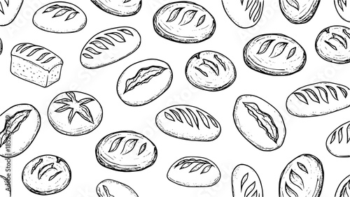 Sourdough bread background pattern with hand drawn rustic artisan bakery loaves in vintage sketch style vector, line drawing French baguettes and sourdough boules for menu and food packaging
