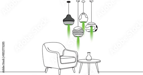 Modern interior design featuring contemporary hanging pendant lights illuminating a cozy armchair and side table.