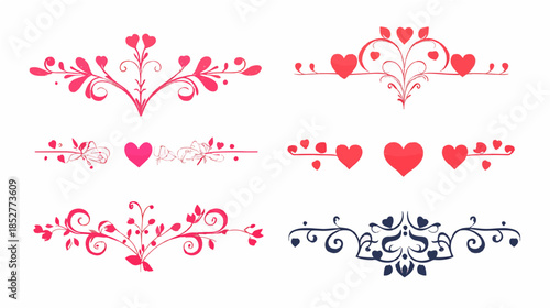 Elegant red heart flourish ornament border, romantic wedding divider vector illustration, gothic black and red scroll vine set for Valentines Day card design.