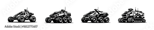 Futuristic rover designs, flat vector illustration, sci-fi vehicles, exploration