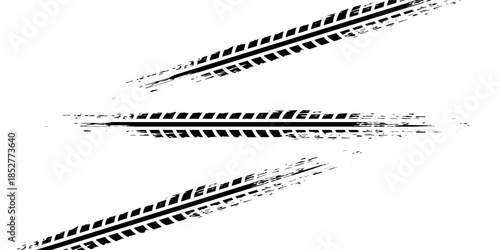 Tire track. Car, bike, motorcycle tyre mark with grunge effect isolated on white background. Wheel footprint on the road. Top view of rubber protector mark. vector