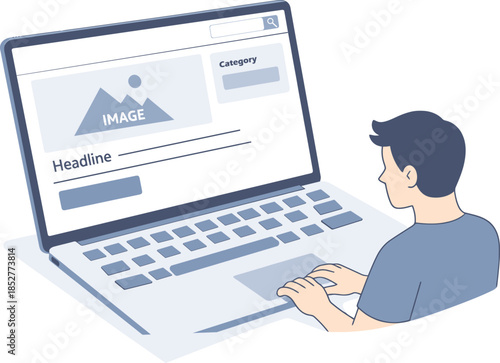 Flat Vector Illustration of Online Article Writing, Digital Content Creation and Blogging on Laptop