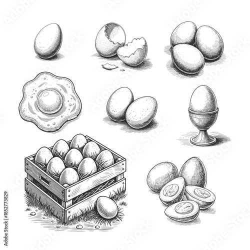 Vintage hand-drawn collection or set of chicken eggs: whole, cracked, fried, boiled, and in a wooden crate. Detailed engraving-style food illustration for packaging, menus, and farm branding.