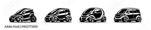 Electric vehicle designs, compact, futuristic cars, flat vector illustration