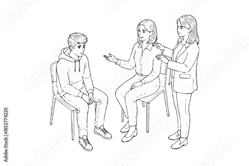 Sad teenage boy sits with two adult women in a counseling session, hand-drawn sketch style on white background, concept of emotional support