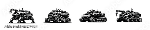Rescue vehicles collection, robotics, futuristic machinery, flat vector illustration
