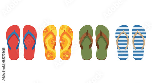 A collection of four pairs of colorful flip-flops, each with a unique pattern and design, perfect for summer or beach wear