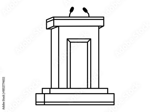 Hand drawn cute outline illustration of speech podium. Flat vector public presentation tribune line art doodle. Dialog or discussion. Press conference icon. Orator stage with microphones. Isolated.