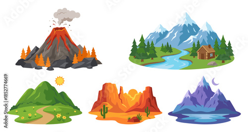 Vibrant vector collection showcasing diverse natural landscapes from fiery volcanoes and majestic snow-capped mountains to serene green hills and arid deserts under sunset