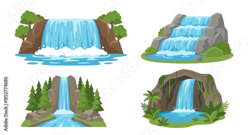 A vibrant collection of cartoon waterfalls, showcasing diverse styles from serene forest cascades to majestic rocky flows, perfect for design projects, animation, and nature-themed visuals