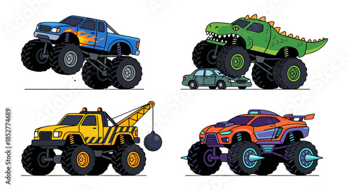 Dynamic cartoon monster truck illustrations. Diverse designs fiery, dinosaur, tow, futuristic off-road vehicles for extreme fun and adventure
