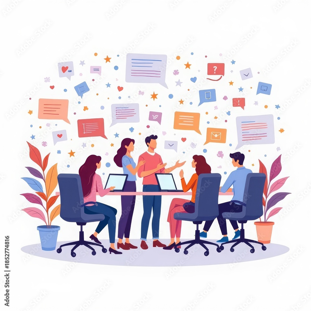 Obraz premium A modern office with a team, schedules and a clock on the wall. The background symbolizes the efficiency and time savings provided by household appliances for home and work.