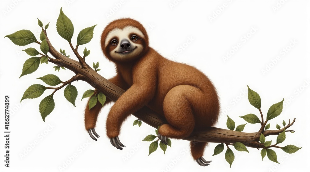 Obraz premium A sloth resting on a branch, on a white background. It is suitable for advertising silent household appliances, air conditioners or coffee machines that create an atmosphere of comfort and relaxation