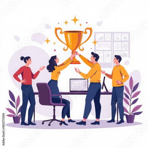 A group of people raises a gold cup against the background of charts. It is suitable for the promotion of technology with the best characteristics: energy efficiency, reliability, innovation