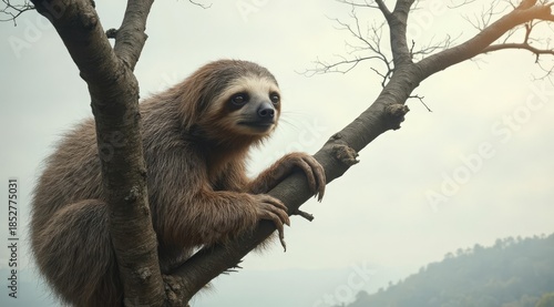 A sloth resting on a branch, on a white background. It is suitable for advertising silent household appliances, air conditioners or coffee machines that create an atmosphere of comfort and relaxation