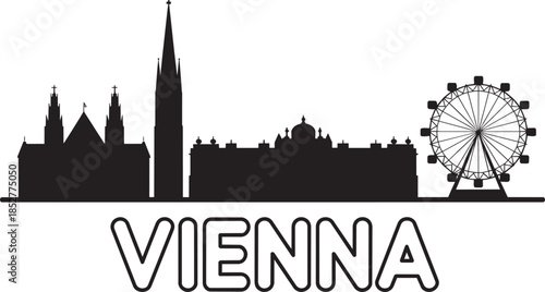 Vienna skyline silhouette vector illustration with famous buildings and Ferris wheel and text