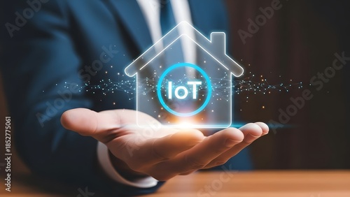 Man hand holding smart home with iot symbol. Internet of things technology integration for modern house management system. Digital automation concept.