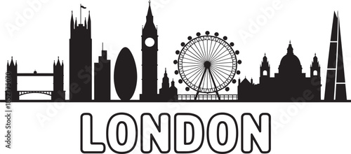 London city skyline black silhouettes with famous landmarks and text london isolated on transparent background