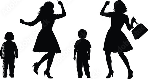 Happy Mother and Child Silhouettes, Vector Illustration of Woman Dancing in Celebration with Little Boy and Girl, Symbolizing Joyful Family Life and Parenthood