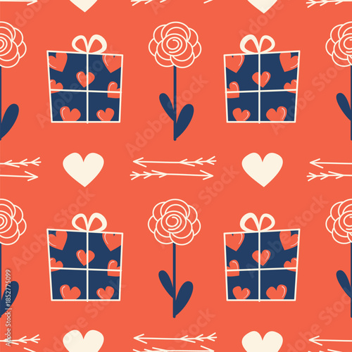 cute lovely hand drawn seamless vector pattern illustration with blue romantic gift boxes with red hearts for valenitne's day, rose flowers and arrows on red background