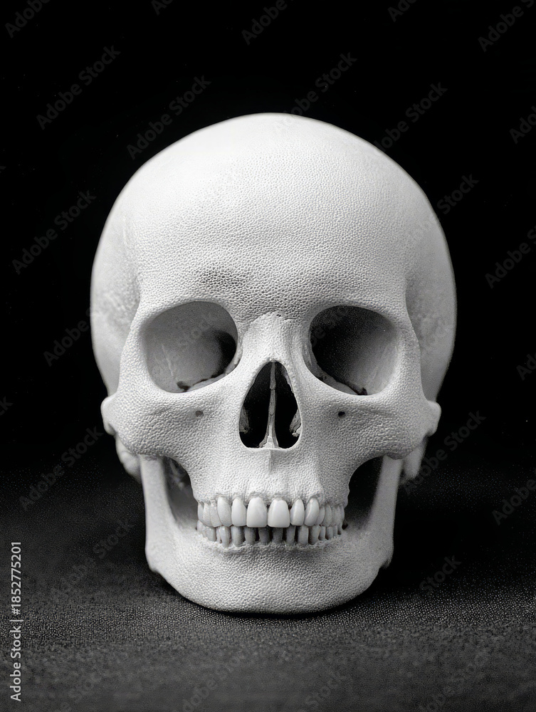 Fototapeta premium Human skull on a dark background, monochrome image