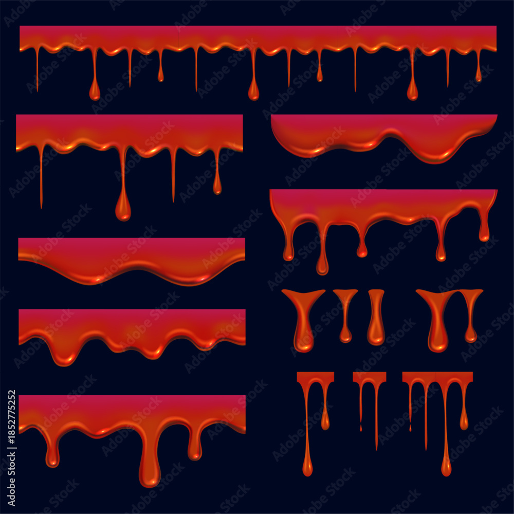 Fototapeta premium Blood drops. realistic template of red liquid flowing drops of blood