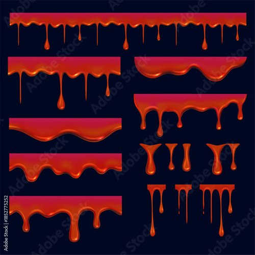 Blood drops. realistic template of red liquid flowing drops of blood