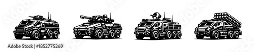 Military vehicles vector illustration, armored trucks, flat vector style