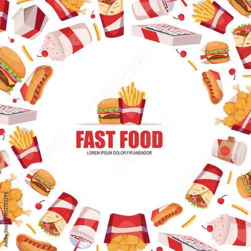 Fast food background. circle shape template with different junk food pictures burgers fried potatoes and cold drinks