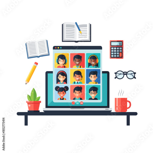 Creative virtual meeting setup with diverse participants and study tools on digital workspace