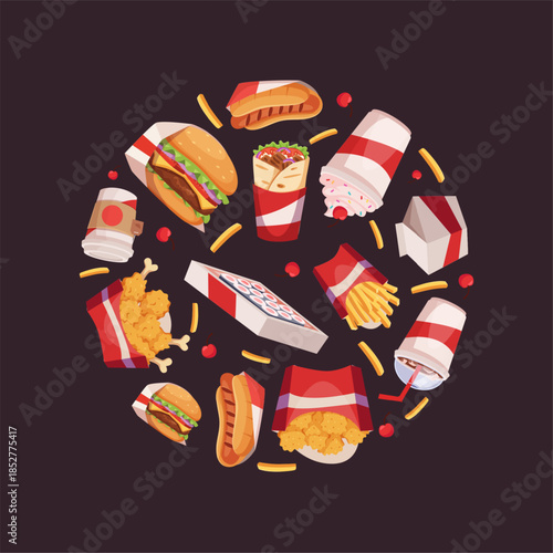 Fast food circle. round shape background with different trash products burgers hotdogs drinks
