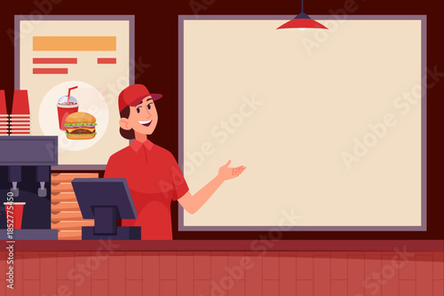 Fast food menu. happy cashier of fast food restaurant pointing wall menu. background with empty plays for text