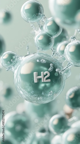 Green hydrogen molecule H2 bubbles forming in clean water with light blue background, abstract concept.