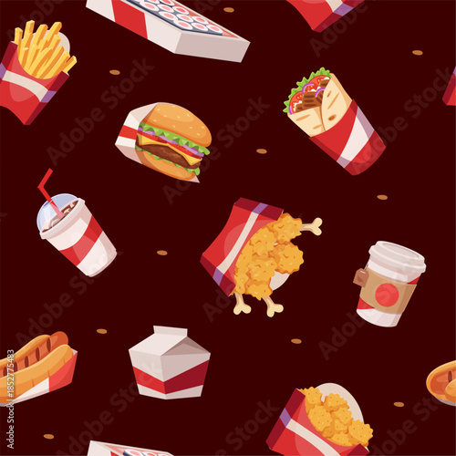 Fast food pattern. seamless background with junk food fried potatoes and burgers nuggets