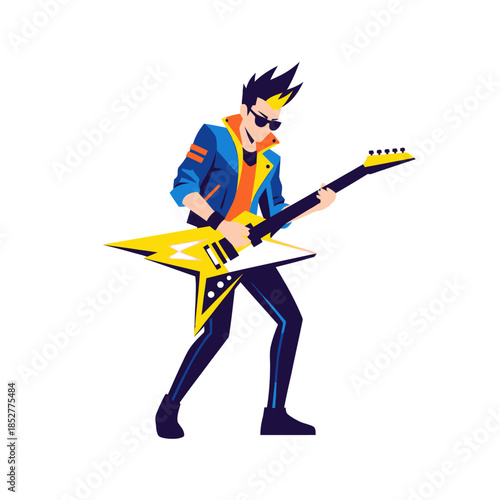 Dynamic cartoon rocker with electrifying guitar playing energetic music performance