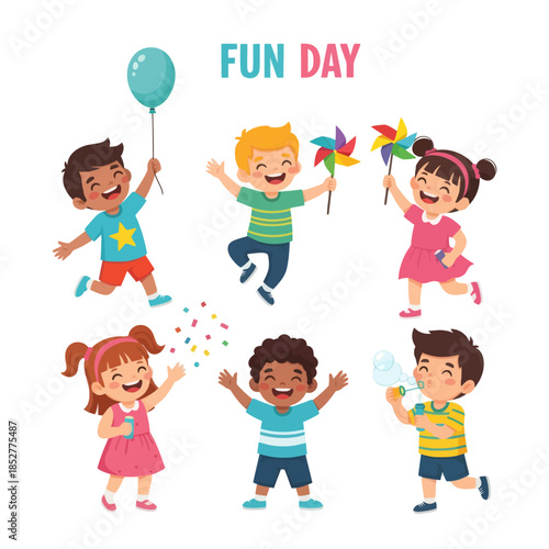 Colorful children celebrating joy and friendship during fun day outdoor activity with balloons and