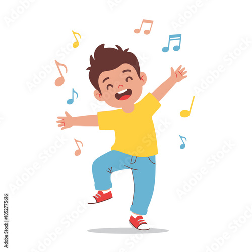 Joyful child dancing with musical notes surrounding him in playful mood