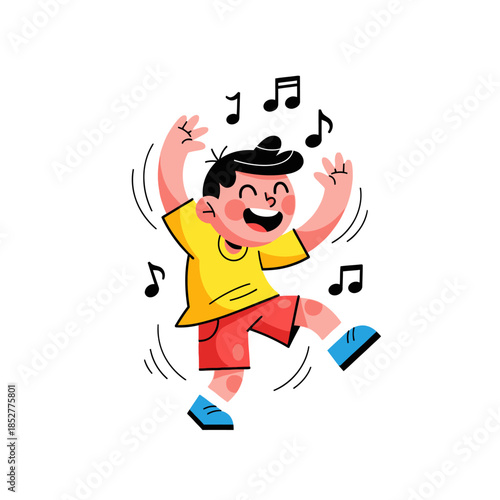 Joyful child dancing happily with musical notes emphasizing carefree entertainment
