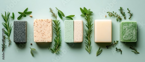 Natural organic cleansing bars arranged with fresh green herbs on a serene pastel background. Wellness hygiene products with botanical elements for skin care.
