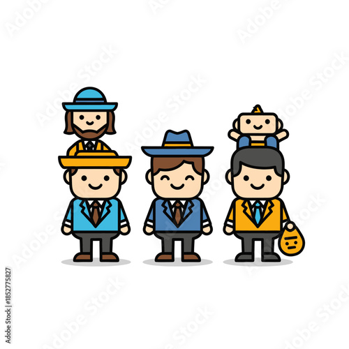 Cute Cartoon Characters Representing Diverse Professions in a Playful Style