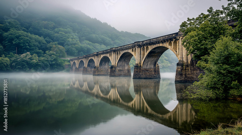 allegheny. Stone arch bridge spanning river shrouded in morning mist with soft focus. travel magazines, destination branding, designed for travel destination branding, used by marketplace managers.