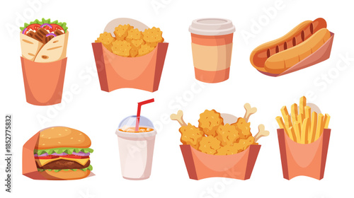 Fast food. Different trash products unhealthy fried potatoes coffee and cold drinks icecream and chips exact vector cartoon set
