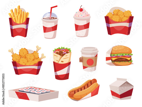 Fast food. Unhealthy snacks trash food chips meals cakes cold drinks exact vector set