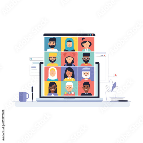 Digital Video Conferencing Illustration Showing Diverse Participants Connecting Remotely