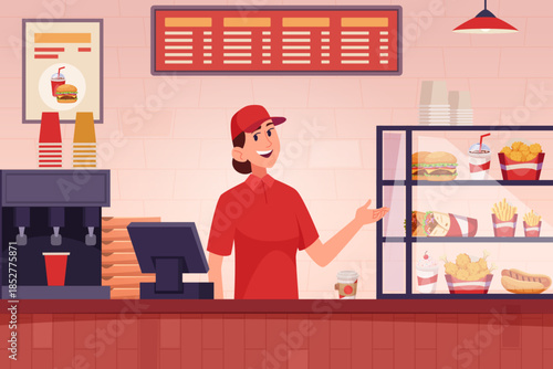 Fast food interior. Cafe with trash food pizza burger cold drinks snacks exact vector cartoon background