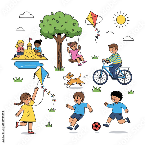 Children Playing Outdoors with a Tree, Kite, and Bicycle in a Sunny Day Scene